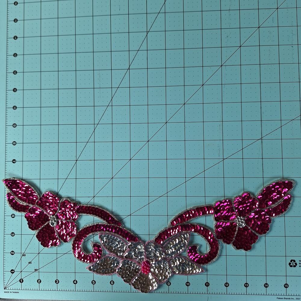 Fuchsia and silver sequin and bead flower neckline applique